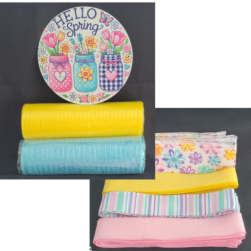 "Hello Spring" & Flower Jars Wreath Kit – Standard DIY Kit with 8" Metal Sign