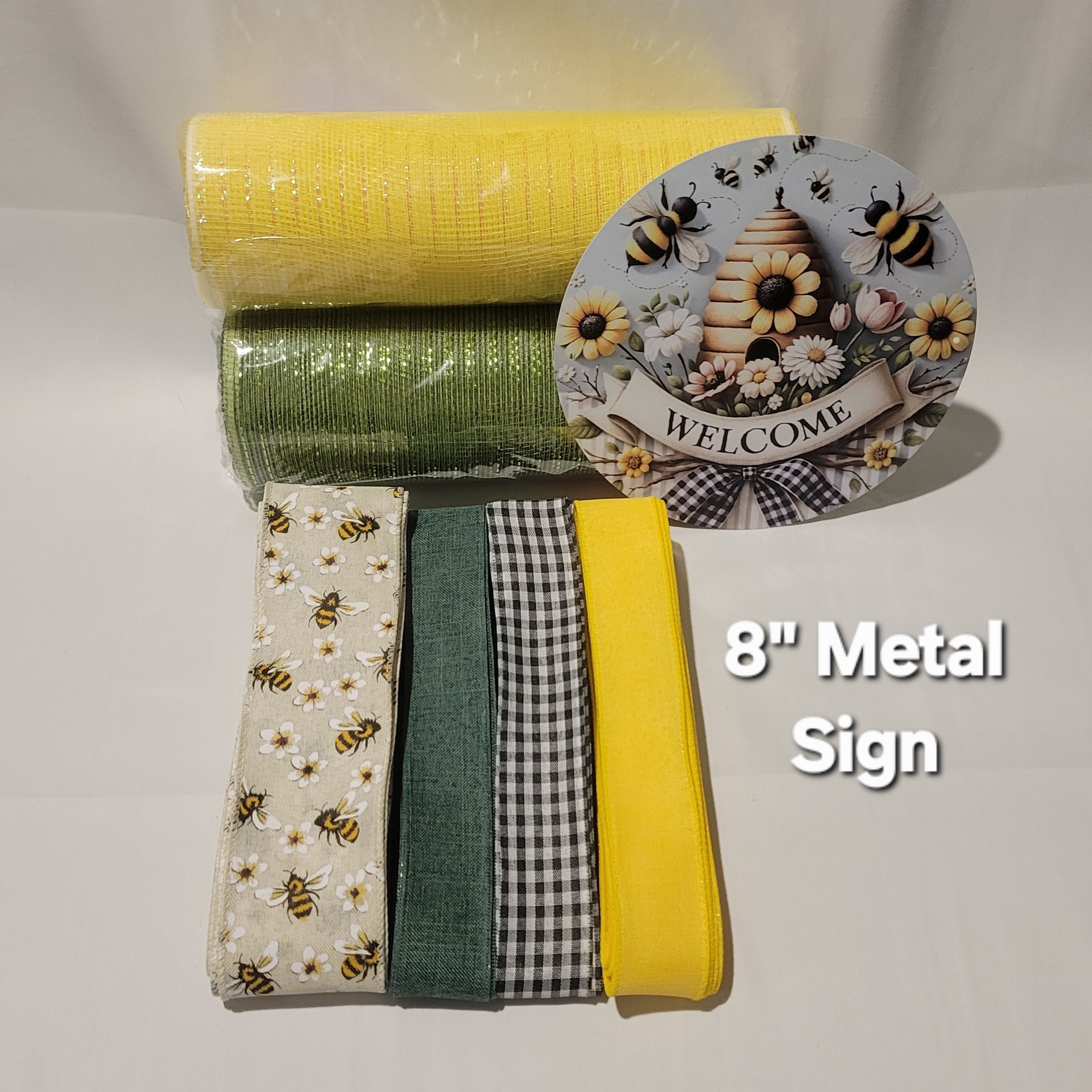 "Welcome" Honey Bees and the Hive with Gingham Check Bow - Standard DIY Wreath Kit with 8" Metal Sign