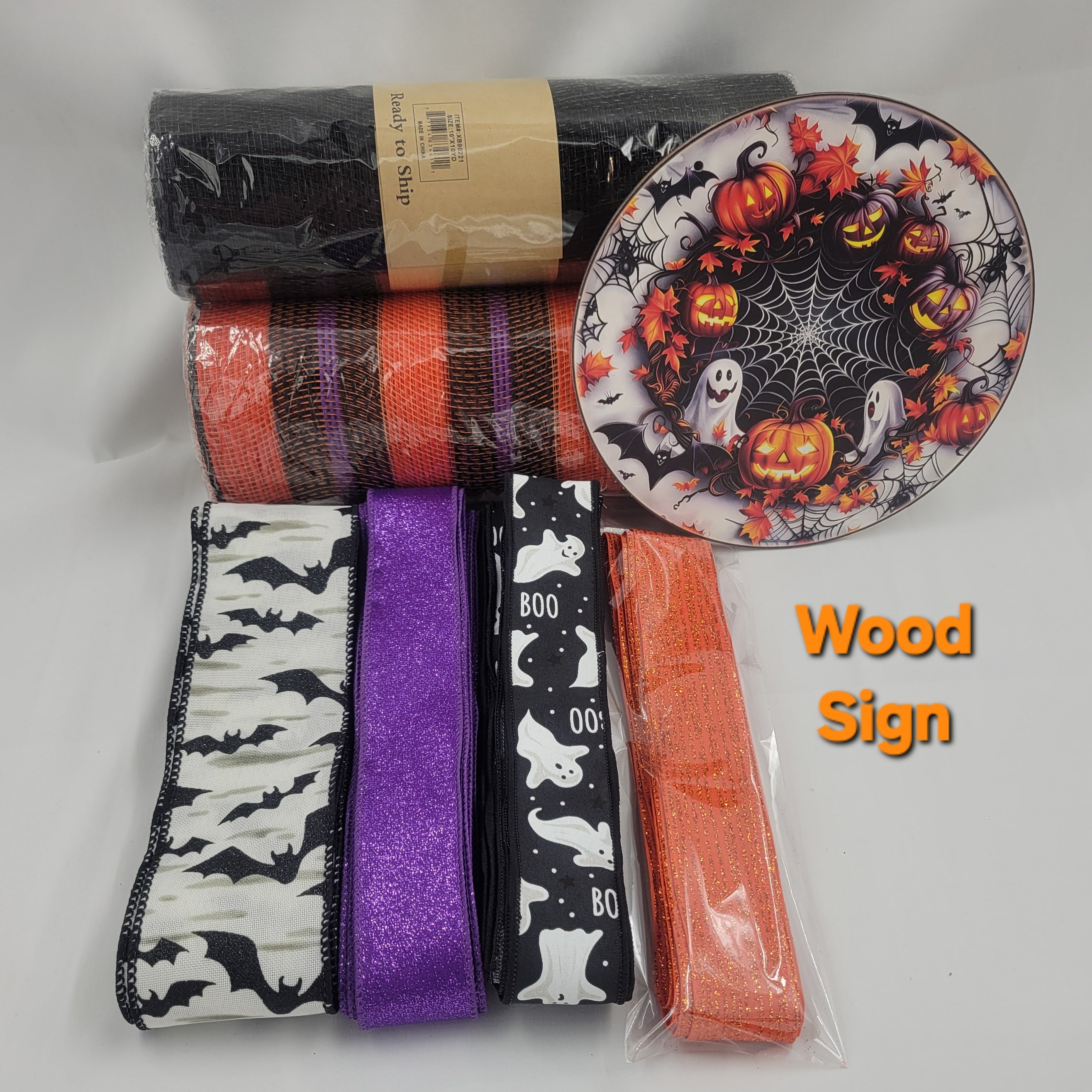 Ghosts, Spiders, Jack-O-Lanterns and Bats Halloween Themed  Home Decor Kit– Standard DIY Wreath Kit with 8" Sign