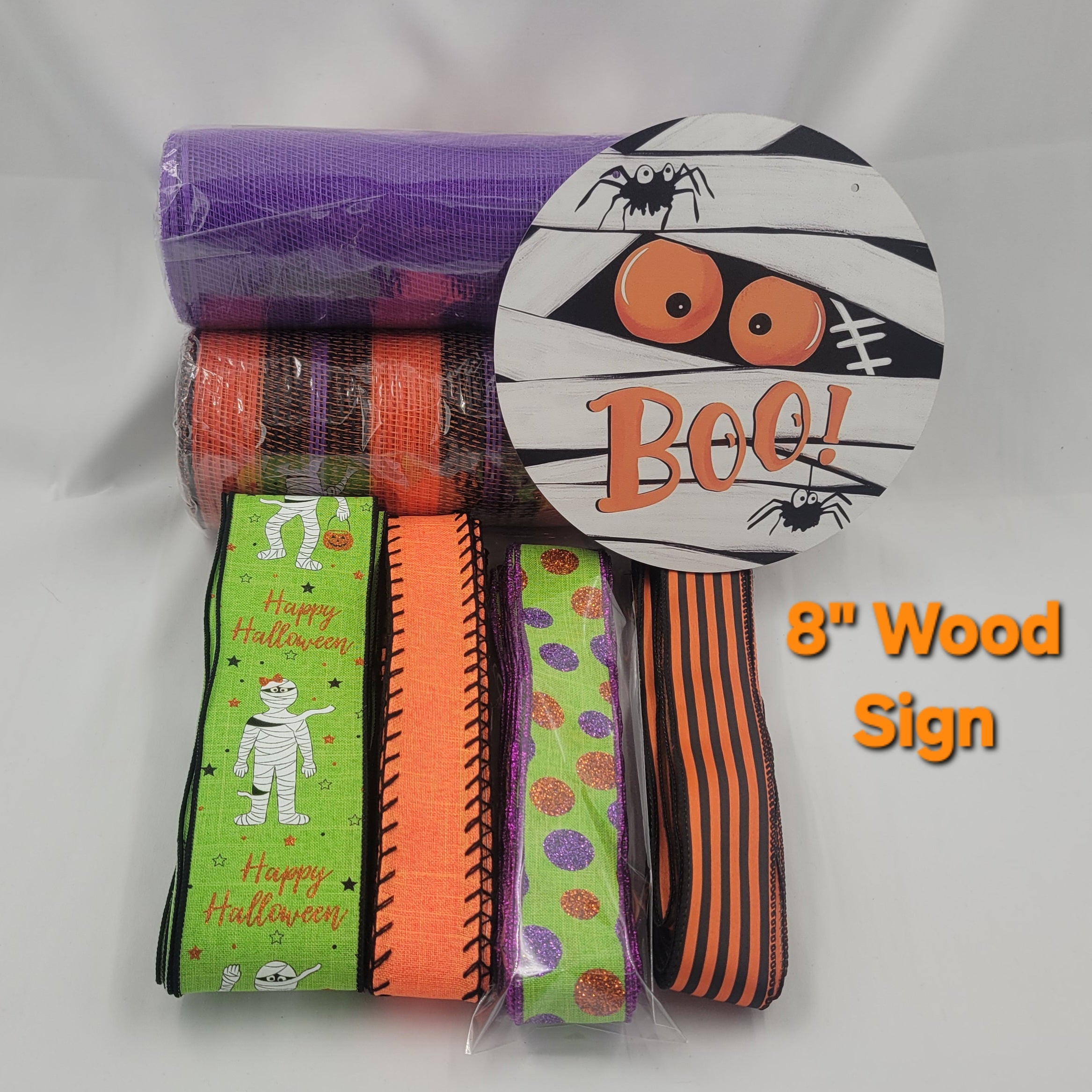 "Boo" Mummy and Spider Halloween Themed  Home Decor Kit– Standard DIY Wreath Kit with 8" Sign