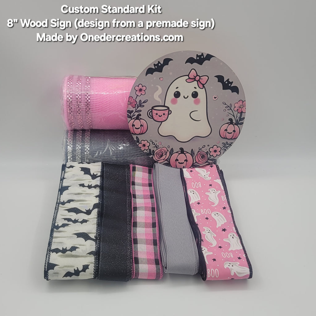 Adorable Ghost with Pink Bow, Bats, and Pumpkins Custom Order DIY Home Decor Kit –  Standard DIY Kit with -Wood Sign