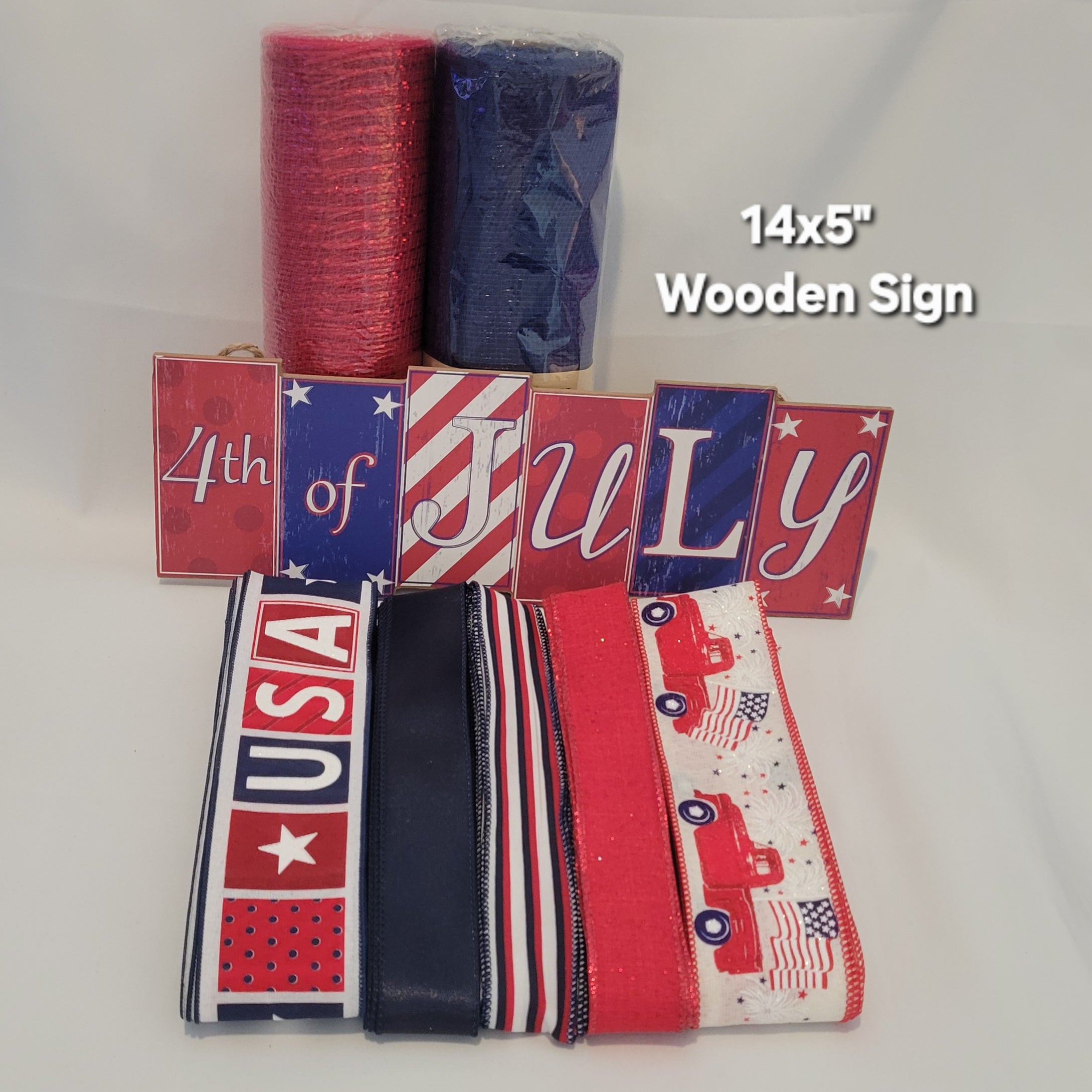 "4th of July" Patriotic Wreath Kit – Standard Plus DIY Kit with a 14x5" Wood Sign