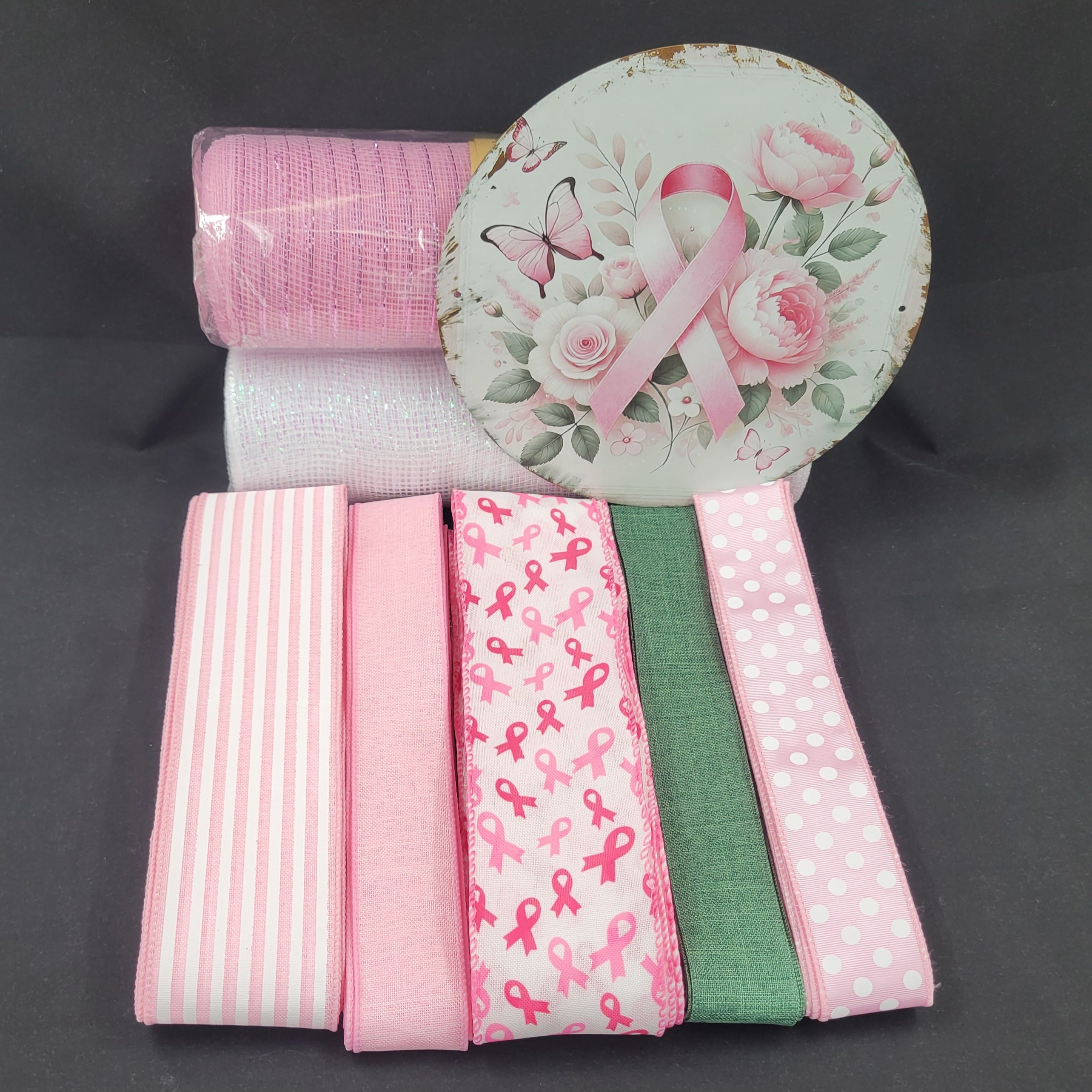 Breast Cancer Awareness Ribbon, Flowers and Butterfly Home Decor Kit– Standard DIY Kit with 8" Metal Sign