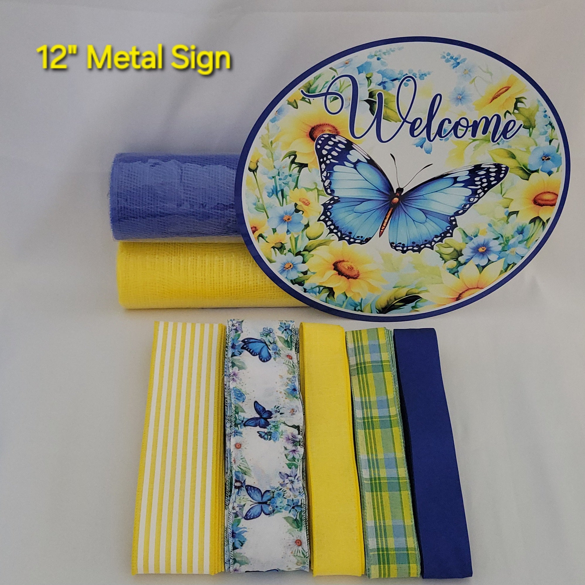 "Welcome" Beautiful Blue and Yellow Butterfly and Floral Wreath Kit – Standard Plus DIY Kit with 12" Metal Sign