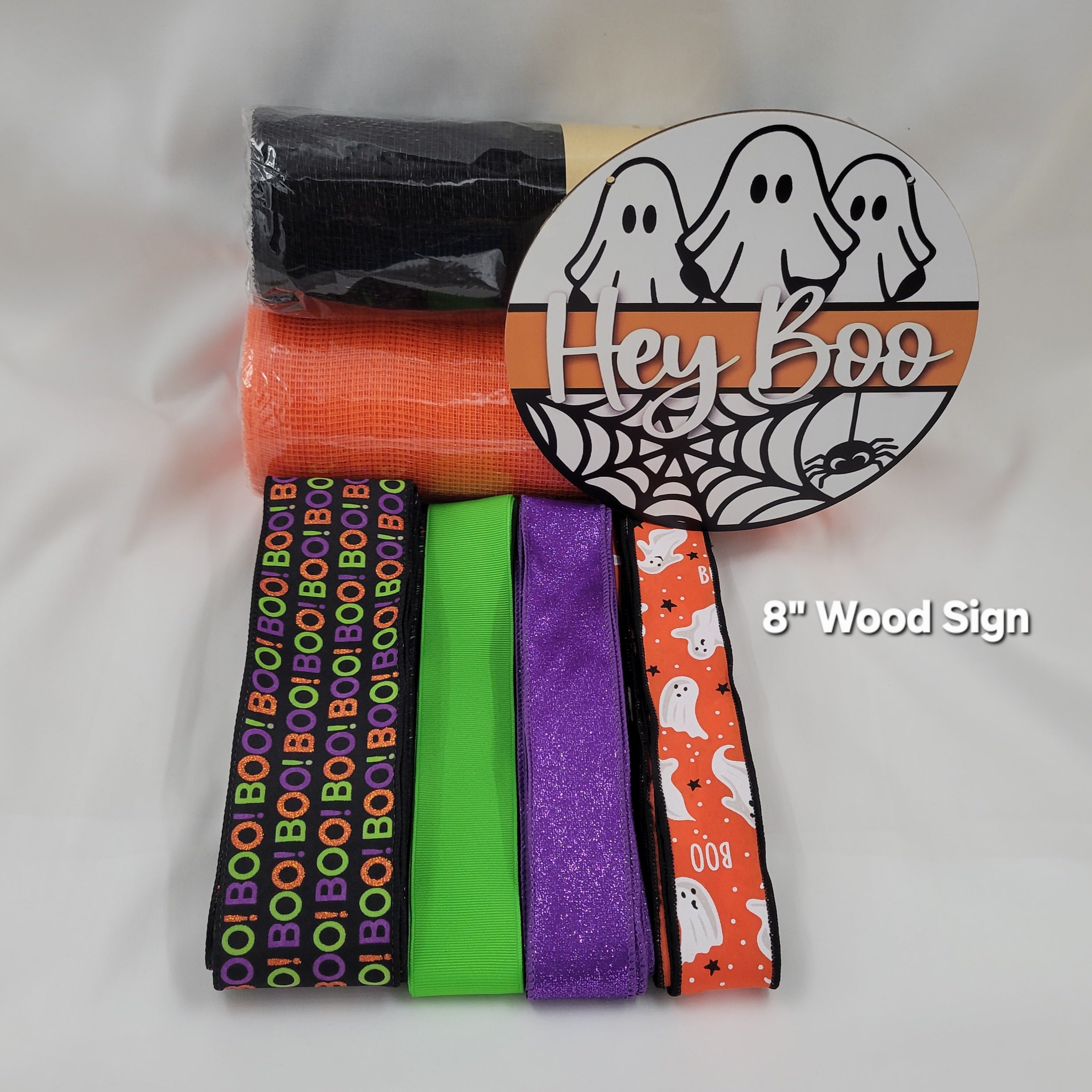 Three Ghosts "Hey Boo" Halloween Themed  Home Decor Kit– Standard DIY Wreath Kit with 8" Sign