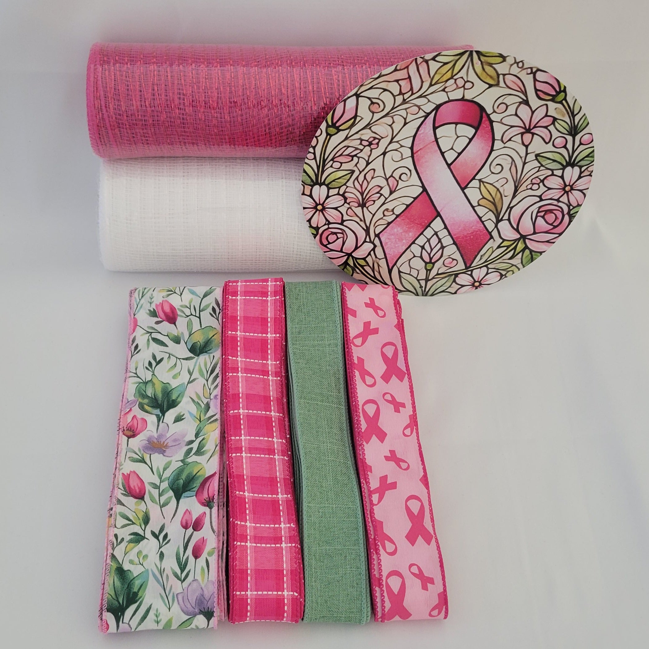 Breast Cancer Awareness Floral Stained Glass Look Wreath Kit – Standard DIY Kit with 8" Metal Sign