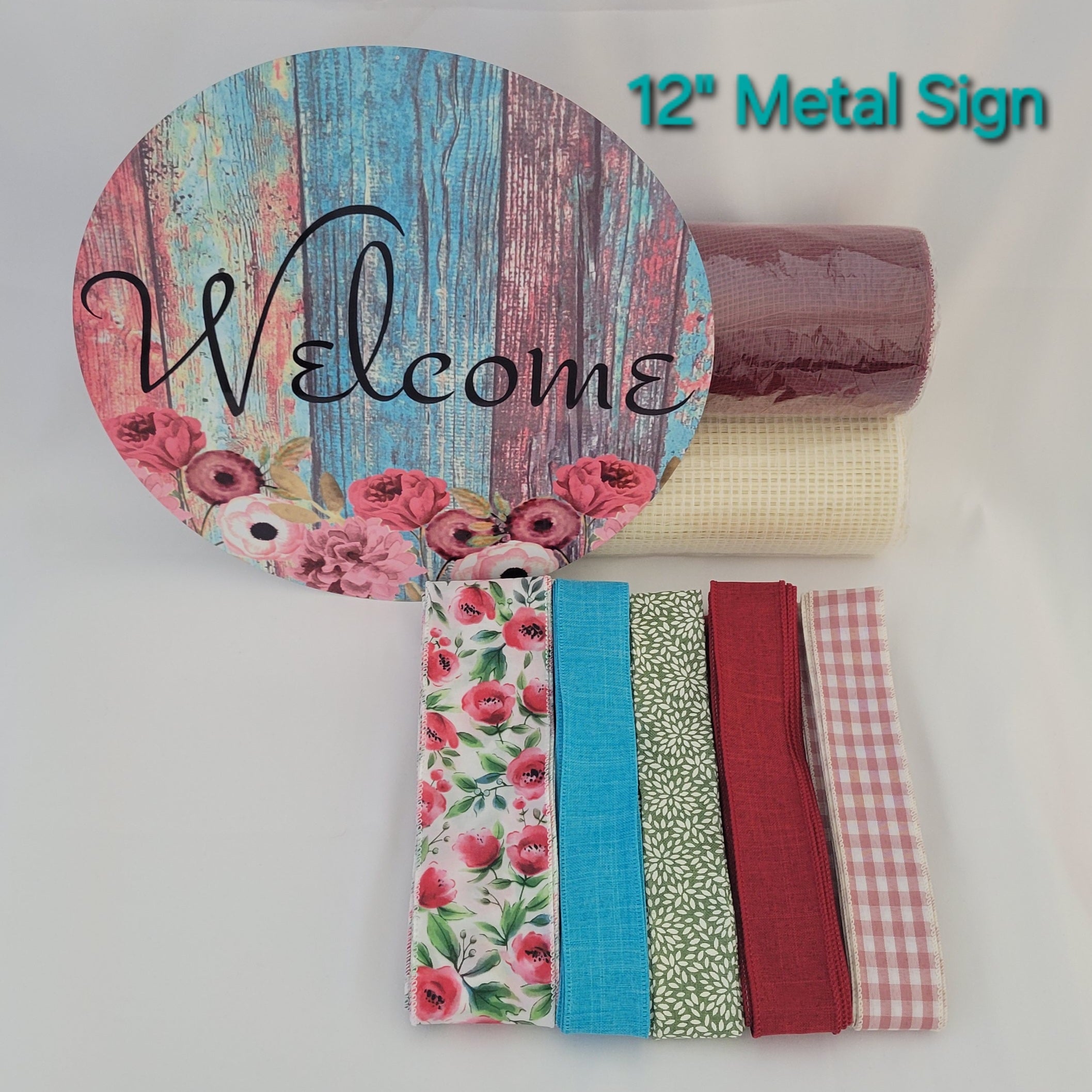 "Welcome" Colorful Wood Look Floral Burgundy,Teal, Wreath Kit – Standard Plus DIY Kit with 12" Metal Sign