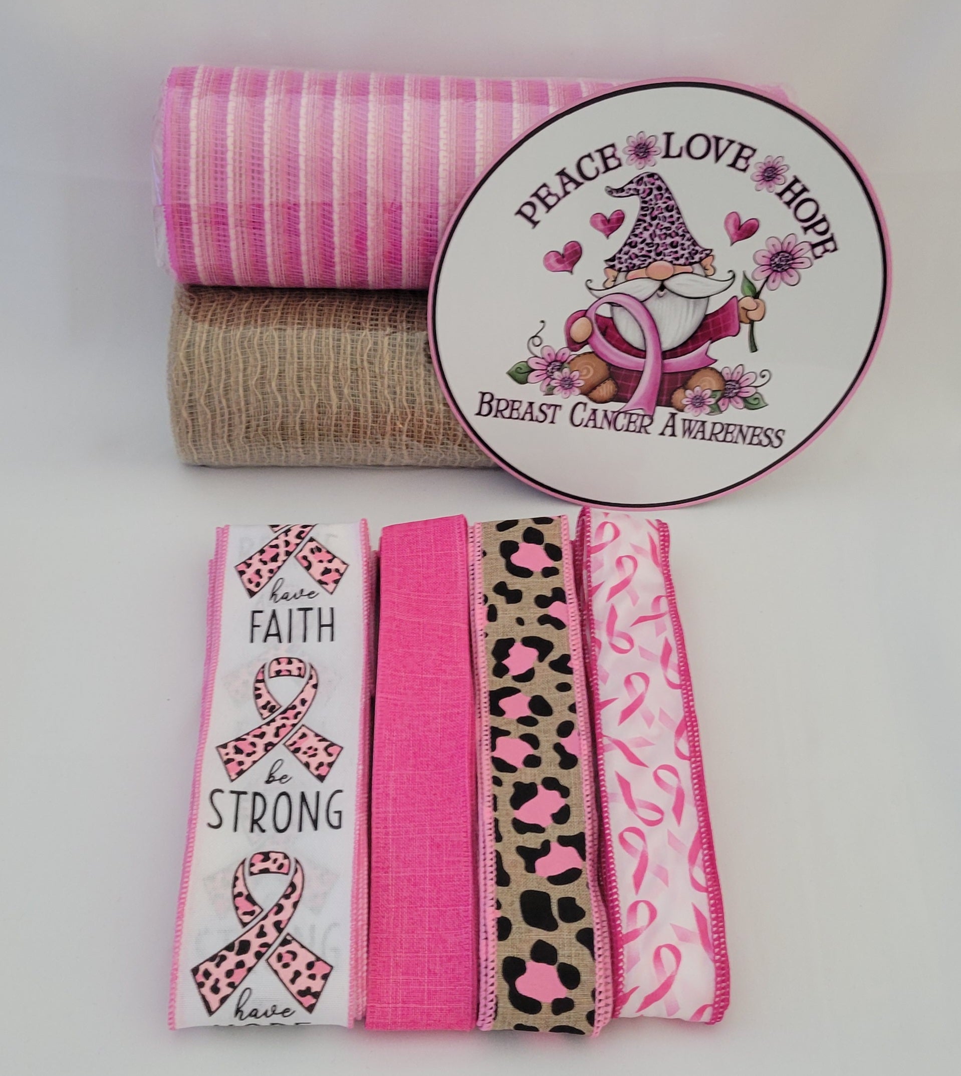 "Peace, Love, Hope, Breast Cancer Awareness" Gnome Wreath Kit – Standard DIY Kit with 8" Metal Sign