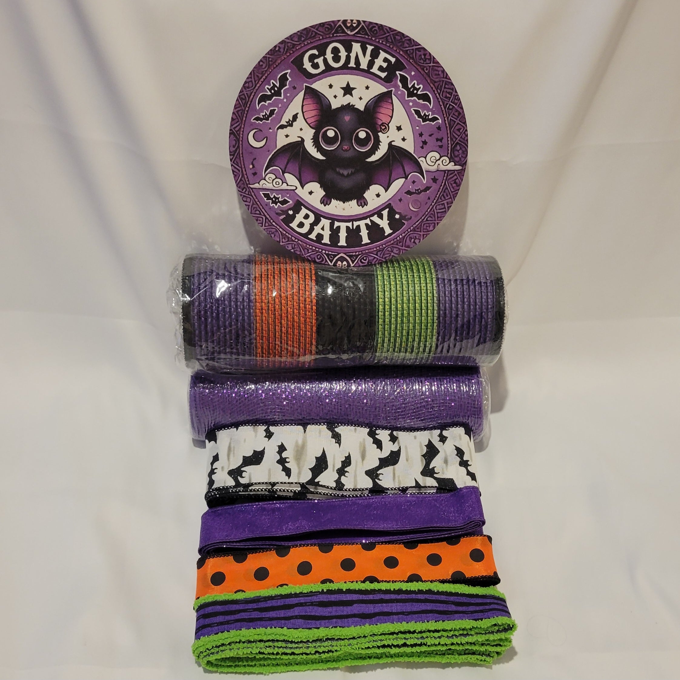 "Gone Batty" purple and black Halloween themed – Standard DIY Wreath Kit with 8" Sign
