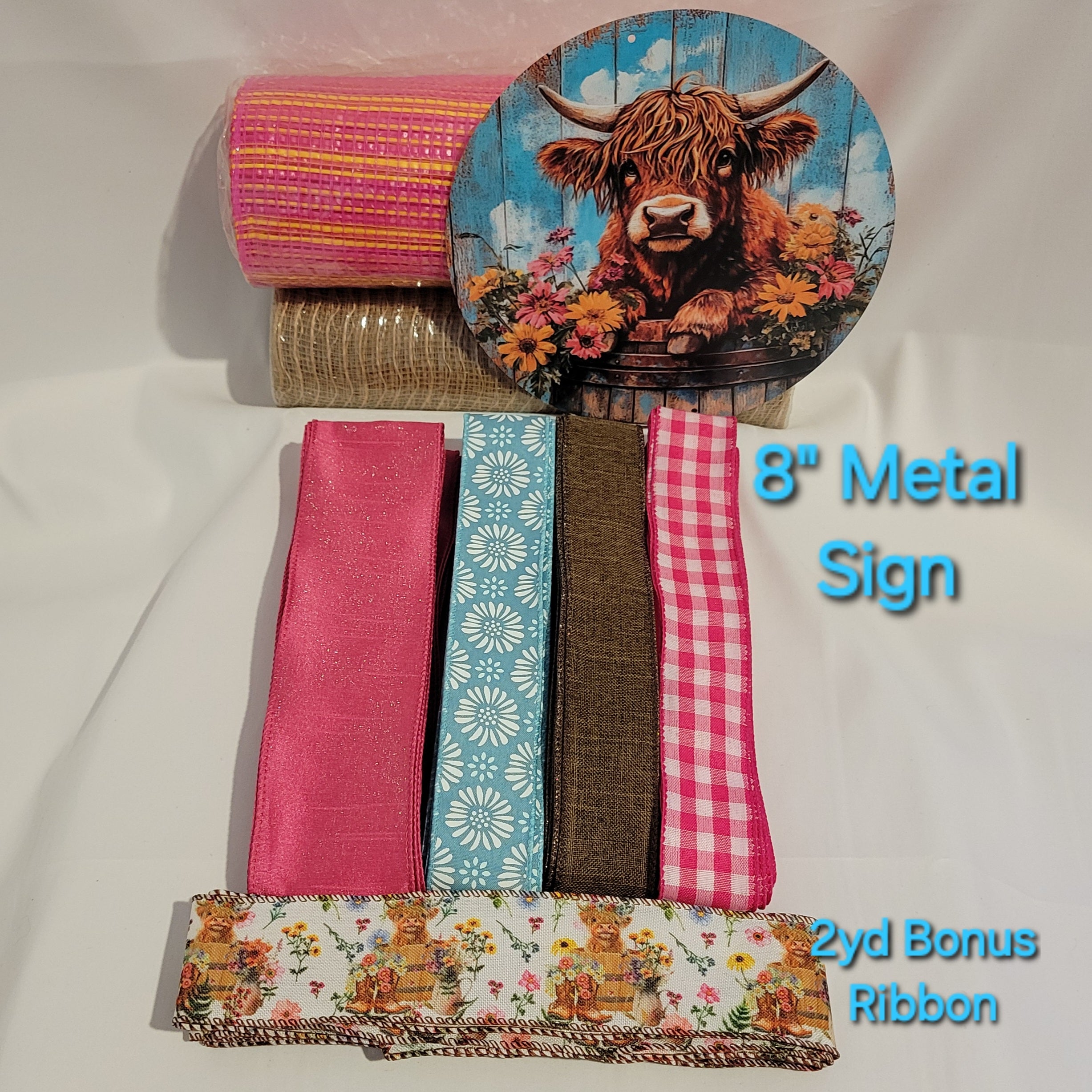 "Highland Cow in a Barrel of Flowers" Wreath Kit – Standard DIY Kit with 8" Metal Sign
