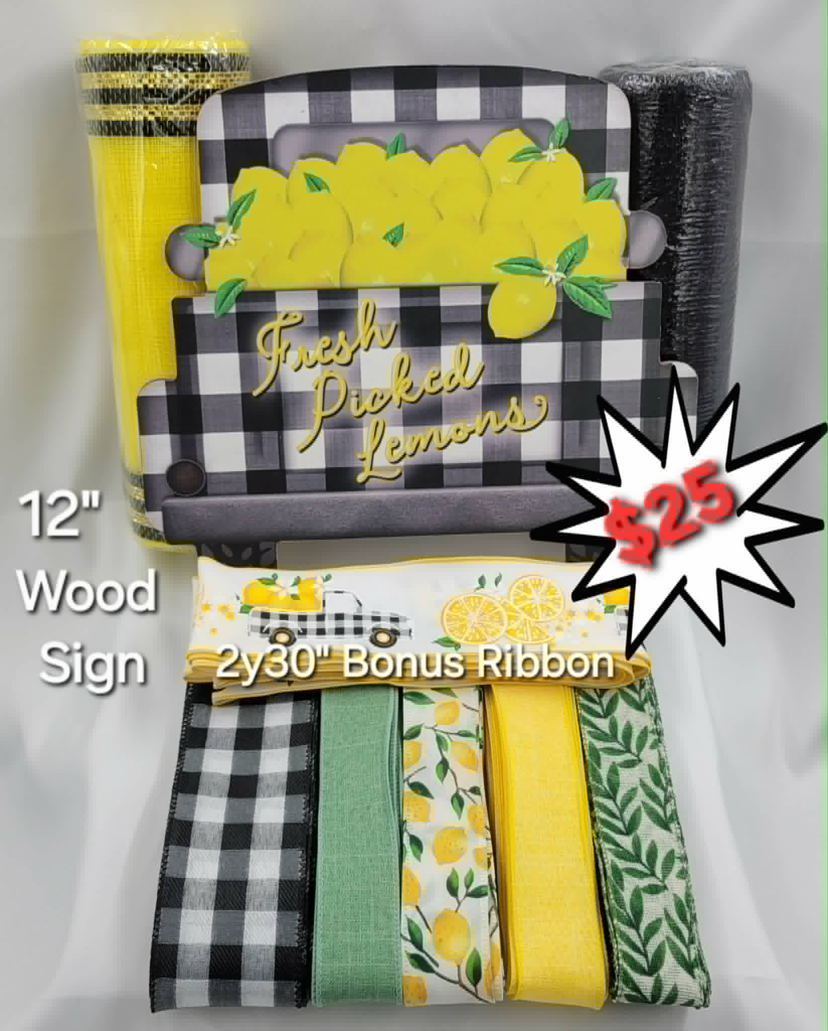 Fresh Picked Lemons and Country Truck Wreath Kit – Standard Plus DIY Kit with 12" Wood Sign