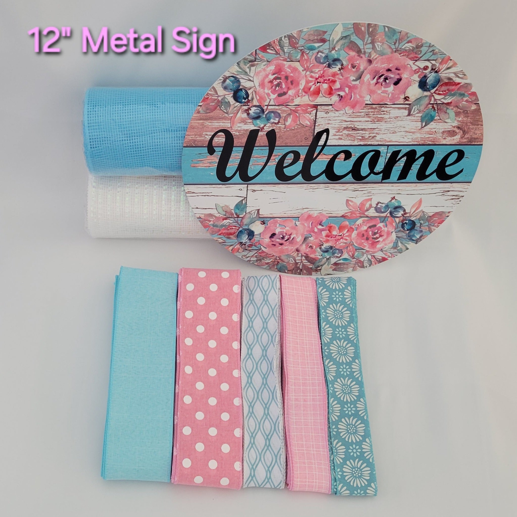 "Welcome" Colorful Wood Look and Floral Pink, Teal, White Wreath Kit – Standard Plus DIY Kit with 12" Metal Sign