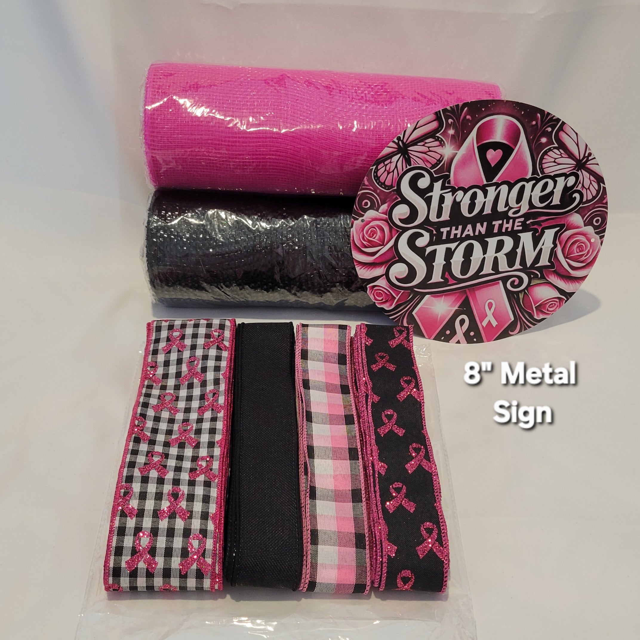 Pink Roses and Butterflies "Stronger Than The Storm" Breast Cancer Awareness Wreath Kit – Standard DIY Kit with 8" Metal Sign