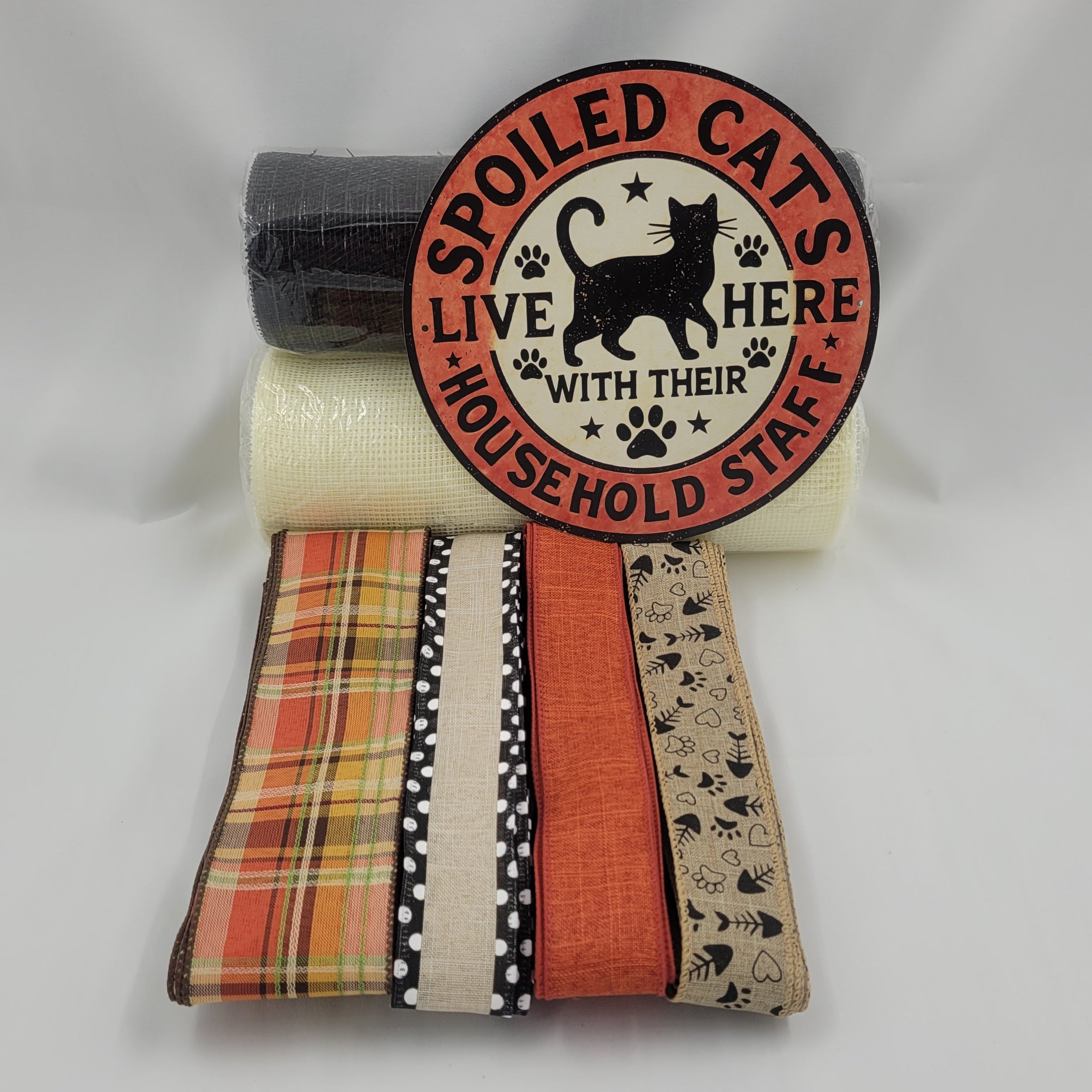 "Spoiled Cats Live Here with Their Household Staff" Wreath Kit – Standard DIY Kit with 8" Metal Sign
