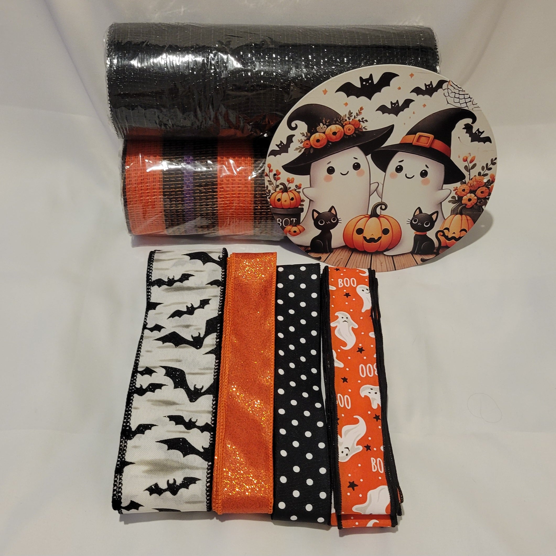 Two Adorable Ghosts and Black Kittens Halloween Themed – Standard DIY Wreath Kit with 8" Sign