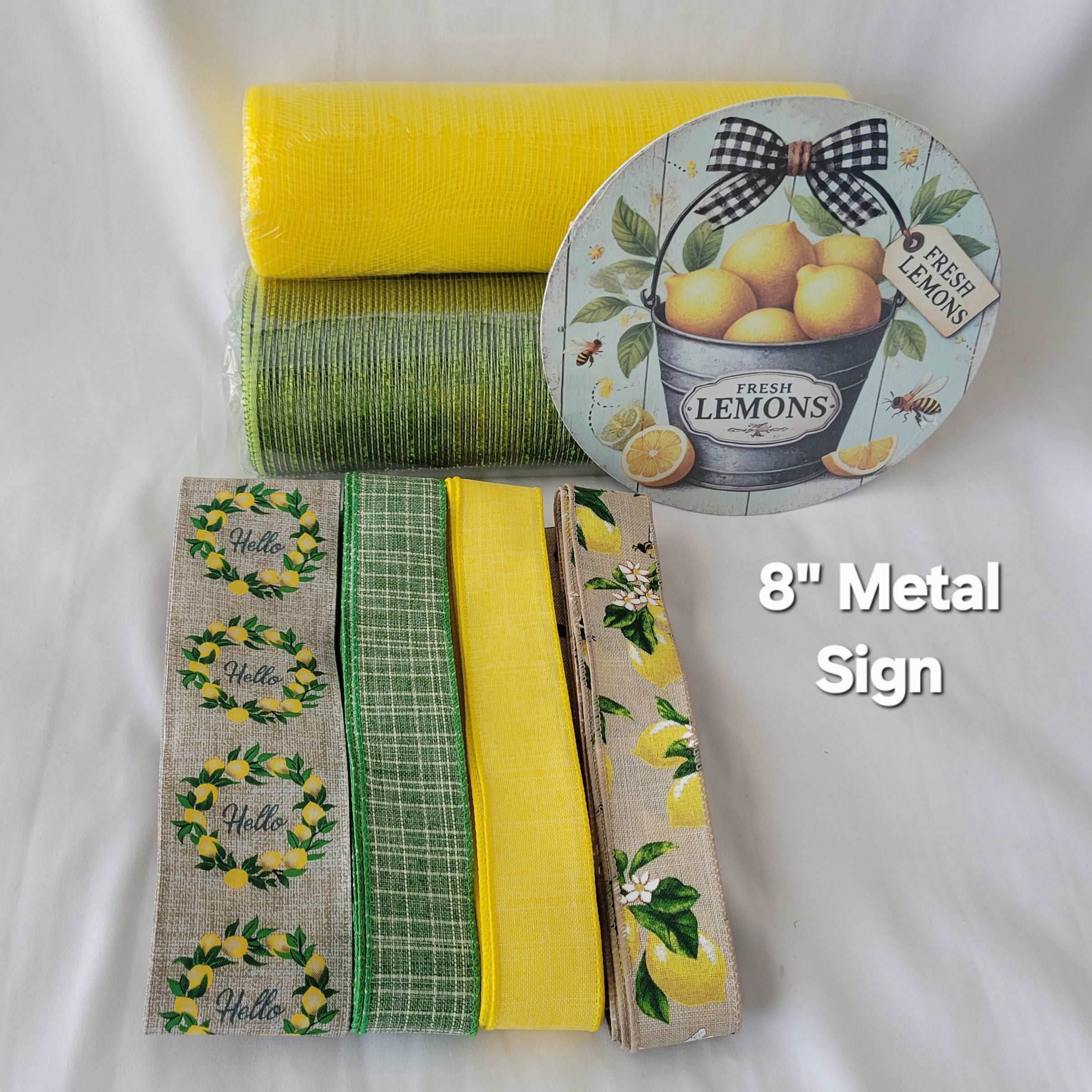 "Fresh Lemons" and Bumble Bees Metal Bucket and Buffalo Check Bow - Standard DIY Wreath Kit with 8" Metal Sign